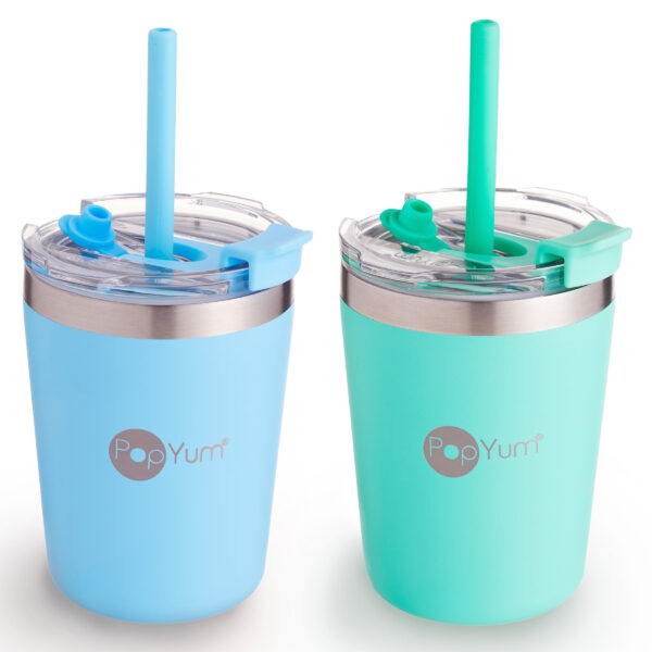 PopYum Insulated Kids Cup with Straw Lid 2-Pack (Blue & Green) 260ml
